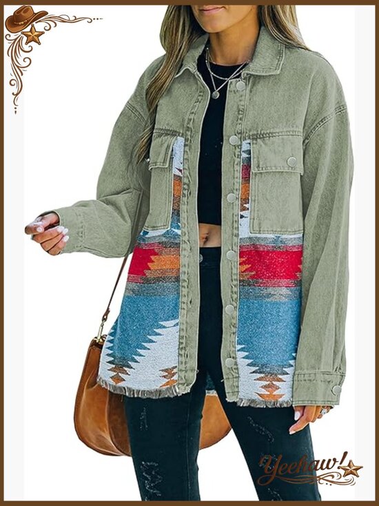 Jackets & Blazers - Womens Aztec Denim Jacket Distressed Lapel Long Sleeve Vintage Button Down